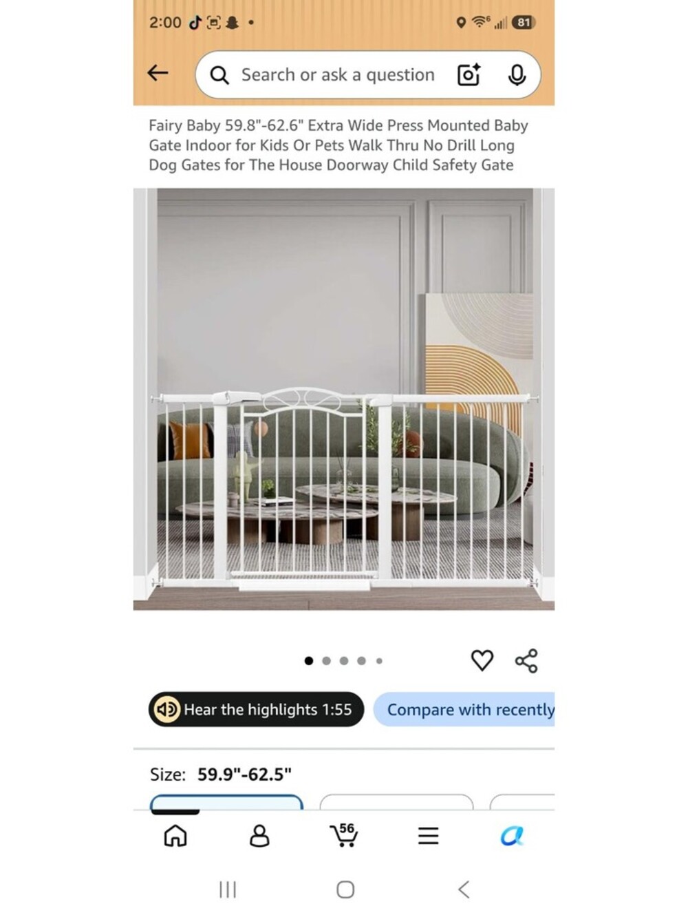 Fairy Baby 59.8"-62.6" Extra Wide Press Mounted Baby Gate Indoor for Kids or Pet